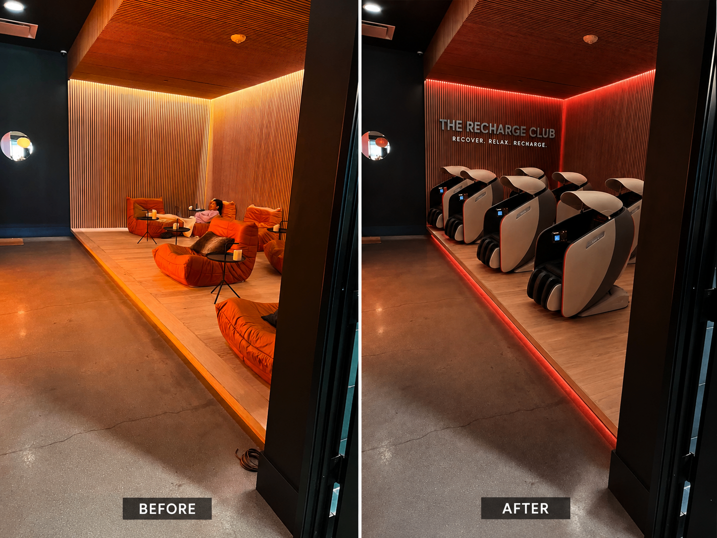 Before and after: a Kiln lounge space with orange chairs transformed into the Recharge Club with professional Lemo recovery chairs